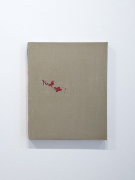 Eugenia Vanni La pittura intorno: lino dipinto fra il rosso, 2019 olio su stoffa macchiata di colore 40 x 50 cm Courtesy